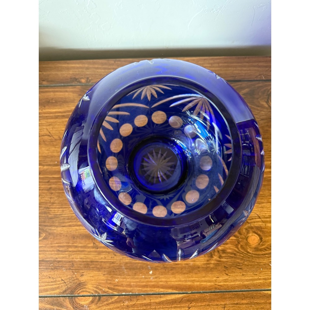 Cobalt Blue Cut to Clear Glass Rose Bowl Vase Star Fan Round Orb Bohemian 6.5" - Picture 4 of 11